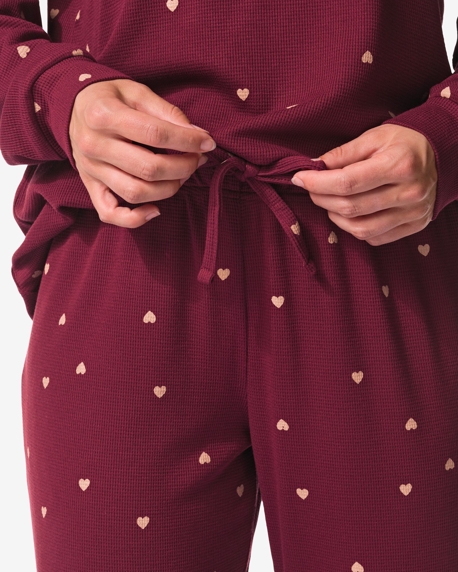 damespyjama viscose wafel hartjes bordeauxrood bordeauxrood - 23407980BURGUNDYRED - HEMA
