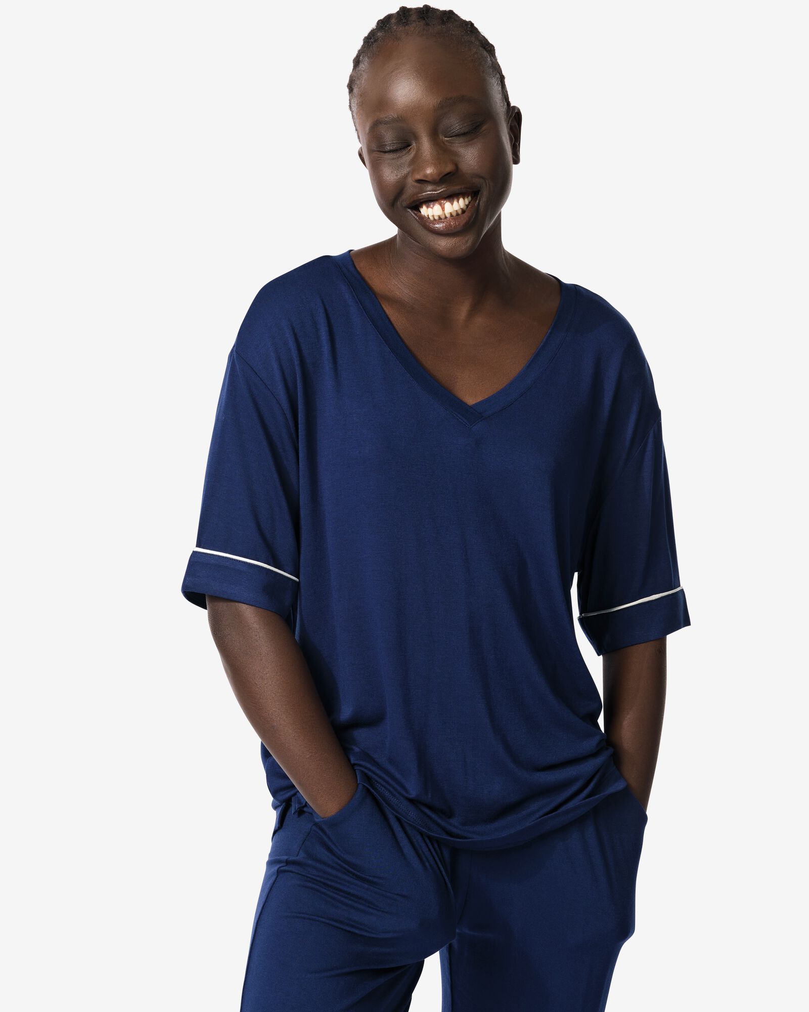 dames pyjamatop viscose donkerblauw donkerblauw - 23410467DARKBLUE - HEMA