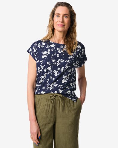 dames T-shirt Amelie jersey bloemen donkerblauw - 36304160DARKBLUE - HEMA