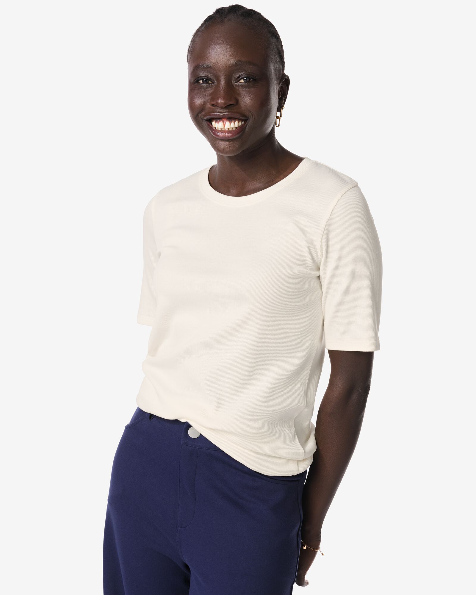 dames T-shirt Clara rib wit wit - 36259250WHITE - HEMA