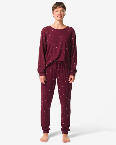 damespyjama viscose wafel hartjes bordeauxrood bordeauxrood - 23407980BURGUNDYRED - HEMA