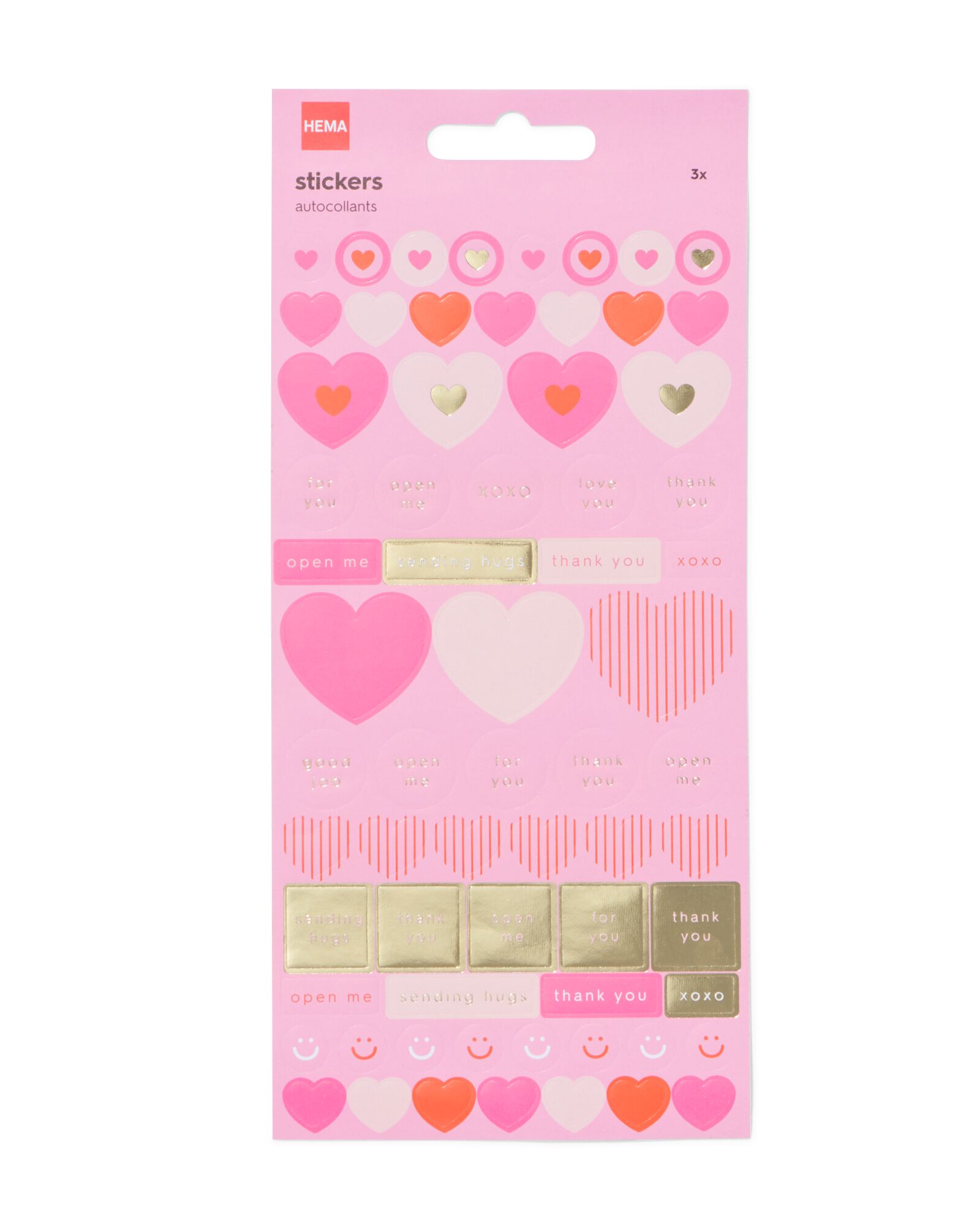 feuilles d'autocollants c&oelig;urs - 3 pi&egrave;ces - 14100247 - HEMA