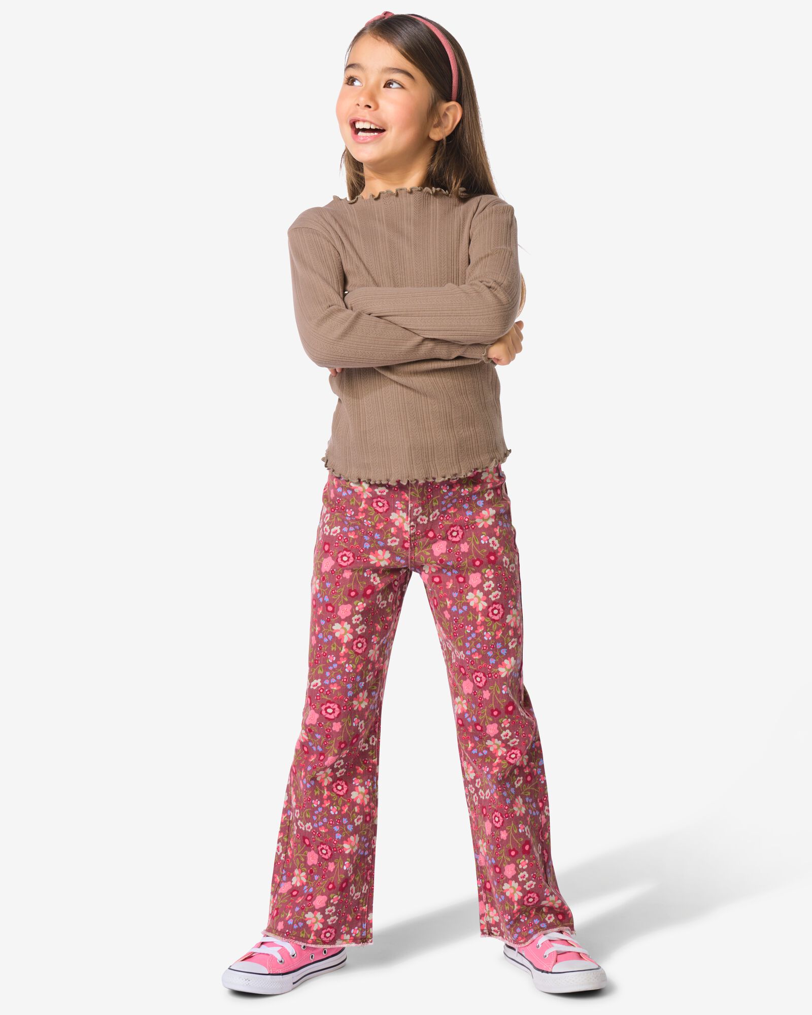 kinderjeans wijd bloemen lichtbruin lichtbruin - 30838402LIGHTBROWN - HEMA