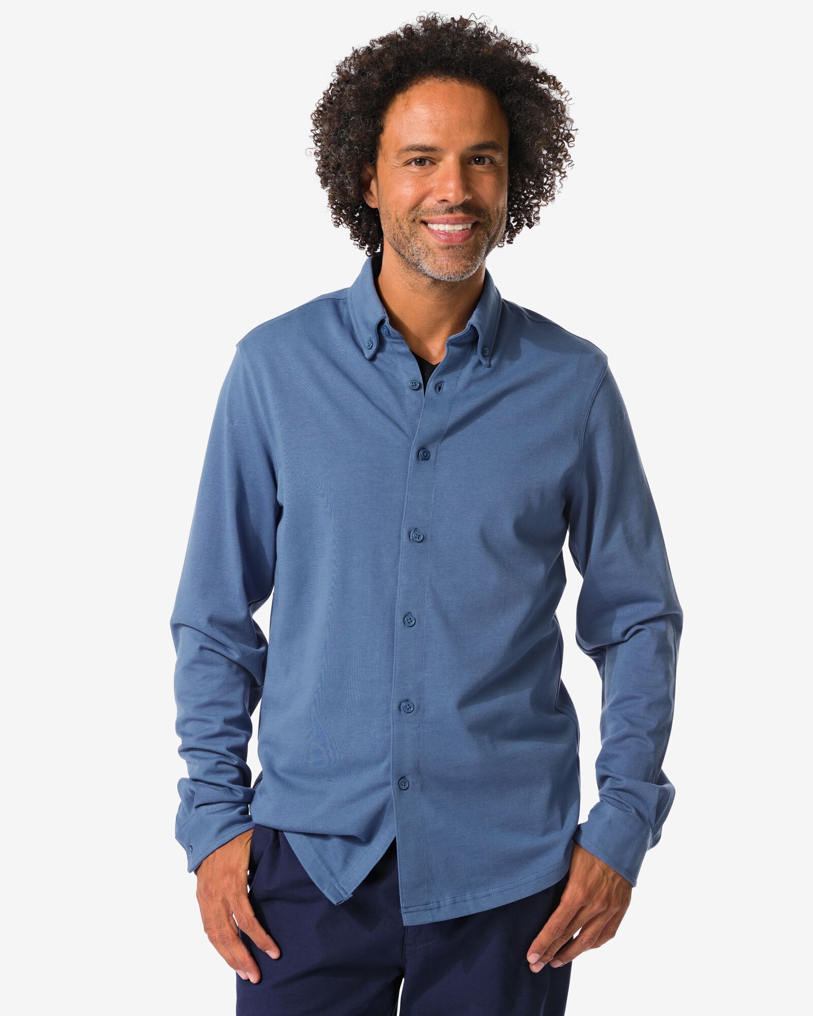 herenoverhemd Billy jersey middenblauw - 2101740MIDBLUE - HEMA