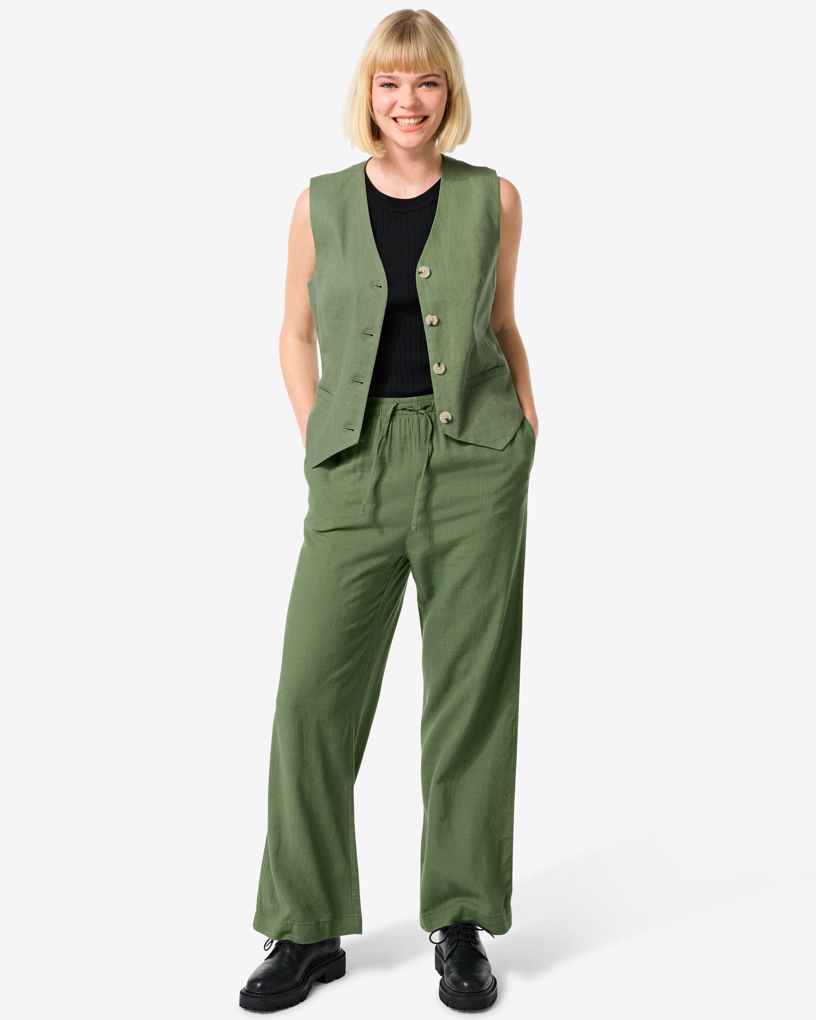 damesbroek Tatum met linnen groen - 36259465GREEN - HEMA