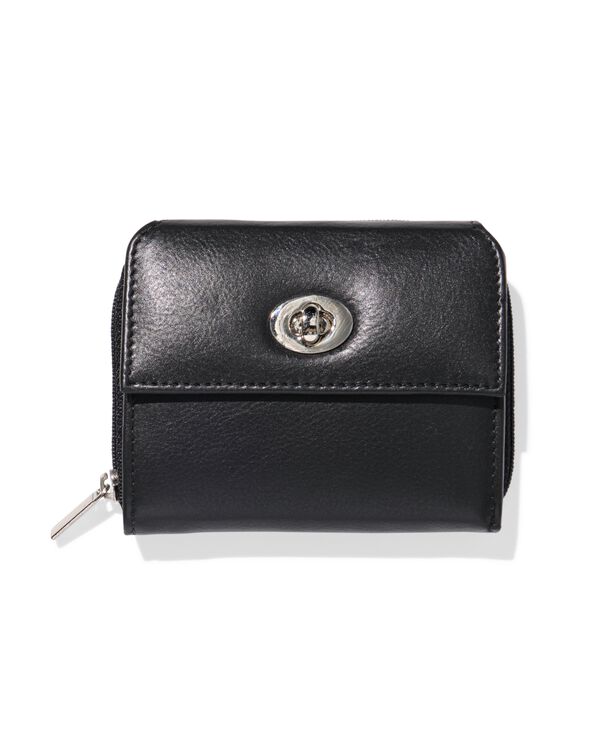 ritsportemonnee met flap leer zwart - 18150064 - HEMA