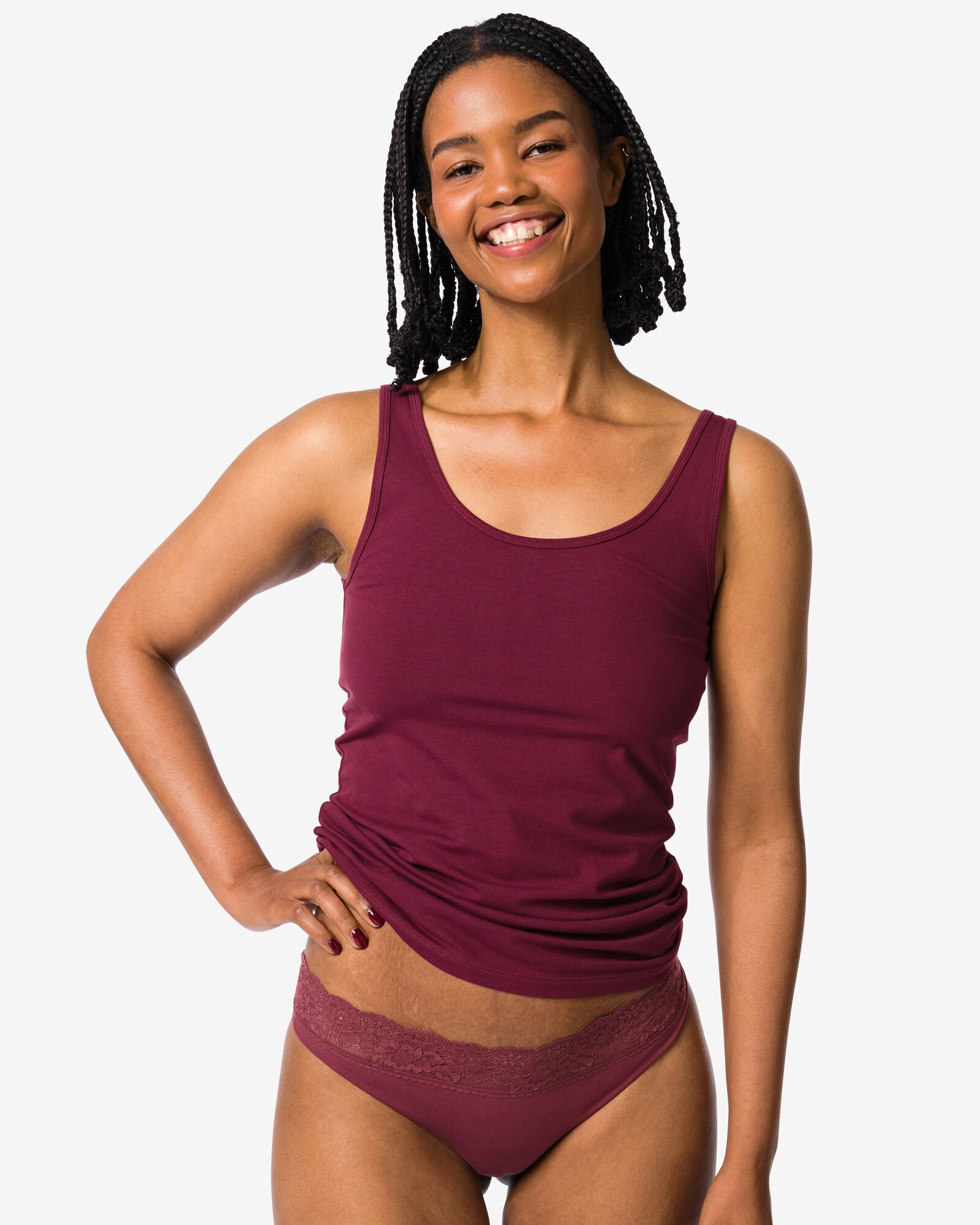 Damenstring nahtlos aus Mikrofaser mit Spitze bordeauxrot - 19611724BURGUNDYRED - HEMA