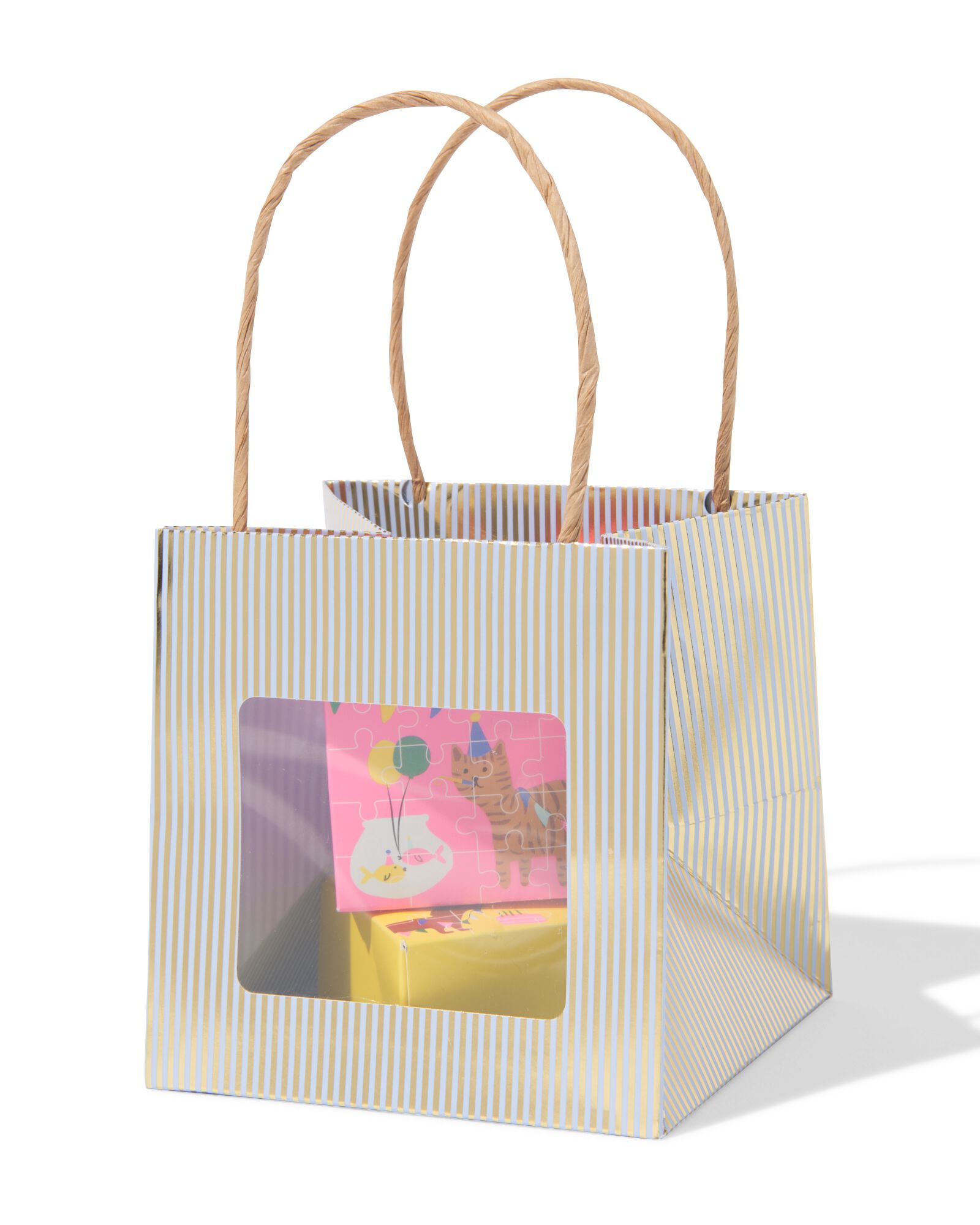 cadeautasje met venster 10x11x11cm blauw strepen goud - 61100431 - HEMA