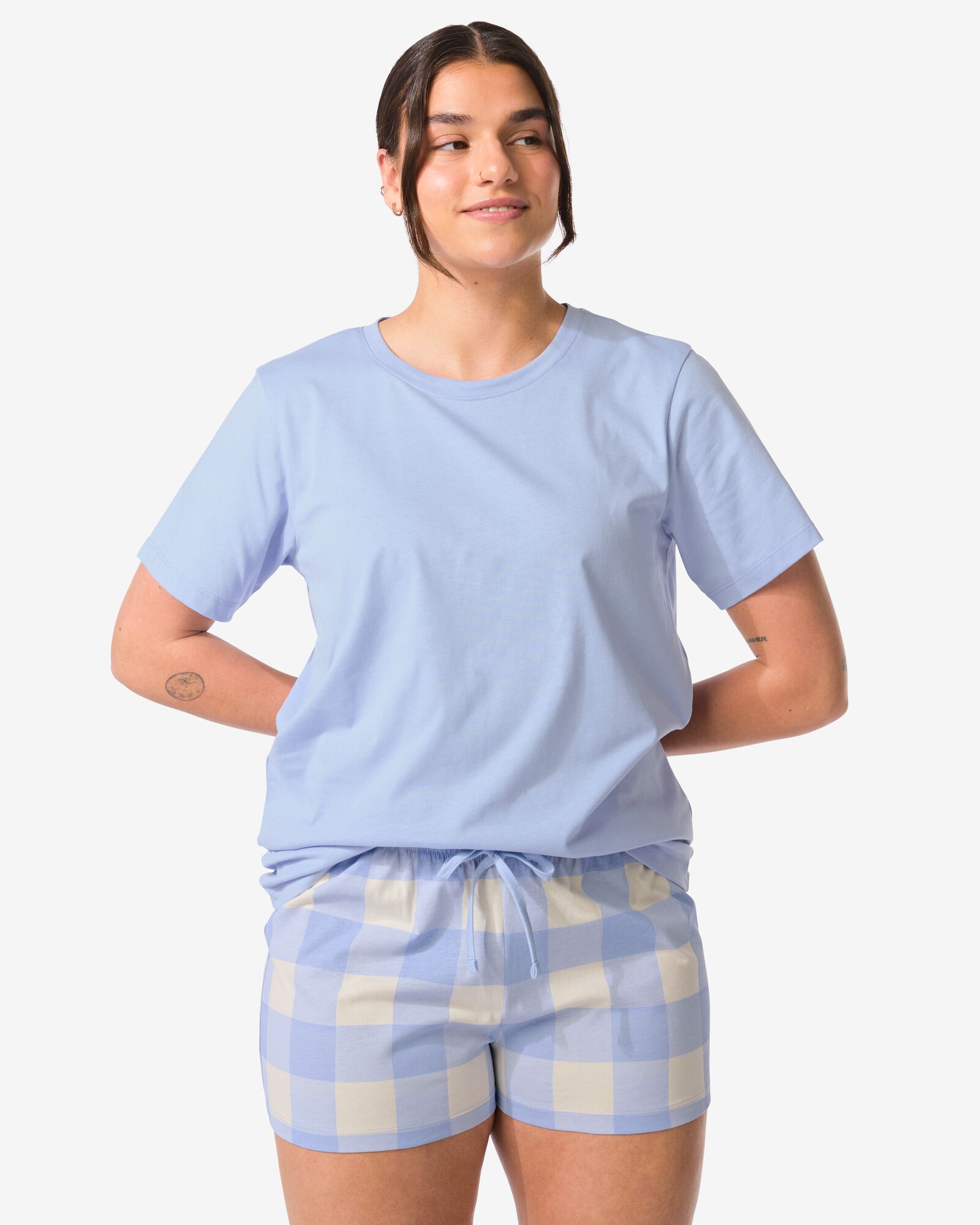 pyjacourt femme coton &agrave; carreaux bleu clair - 23410400LIGHTBLUE - HEMA