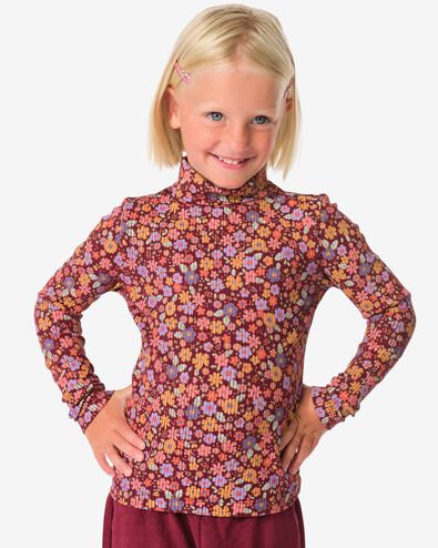 kinder T-shirt rib bloemen bordeauxrood - 30826603BURGUNDYRED - HEMA
