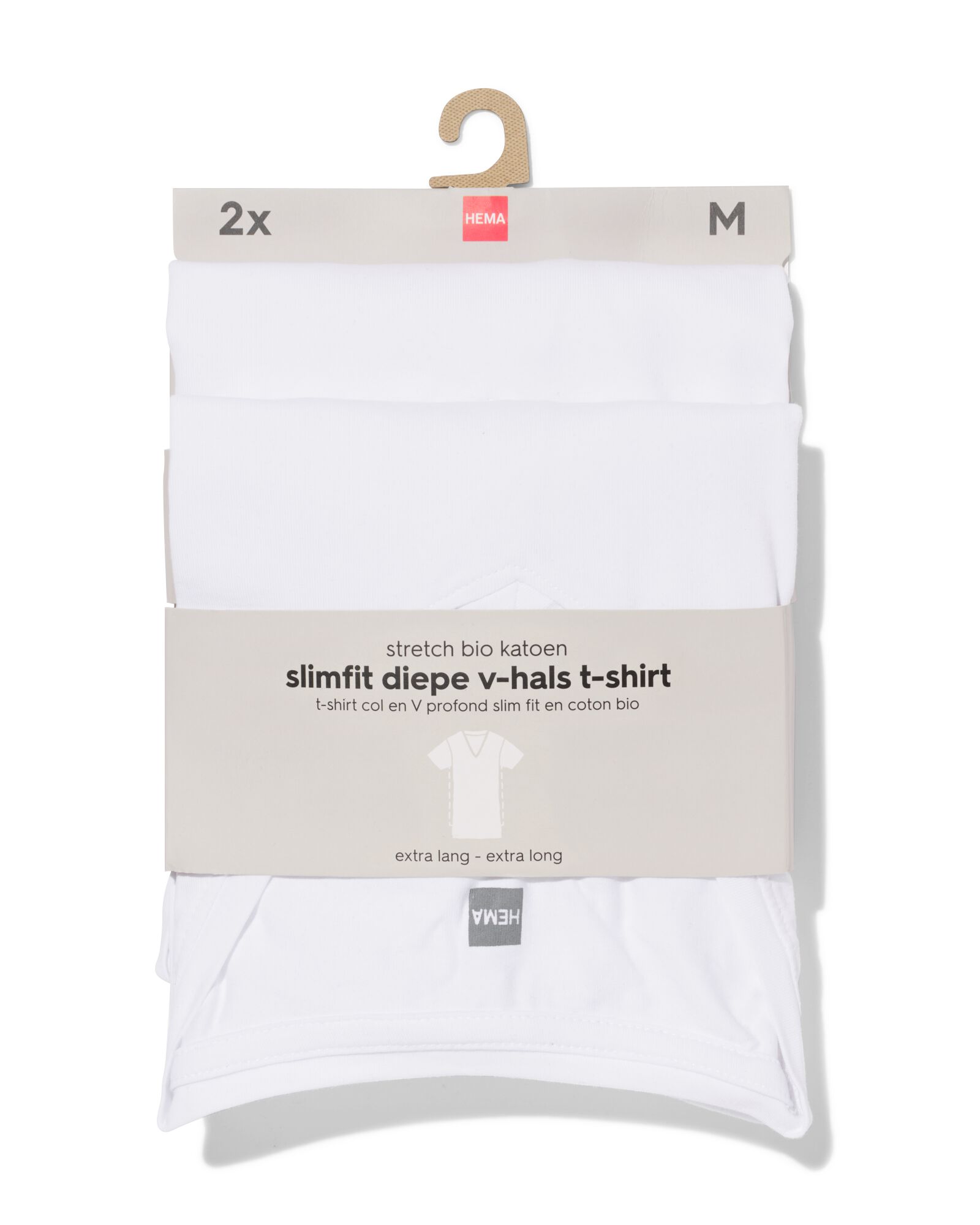 heren T-shirts slimfit diepe v-hals extra lang - 2 stuks wit wit - 34290670WHITE - HEMA