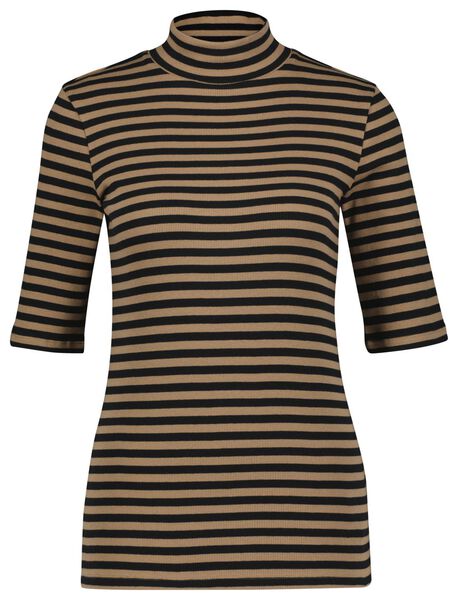 HEMA Damen Shirt Clara, Gerippt, Streifen Karamell  - Onlineshop HEMA