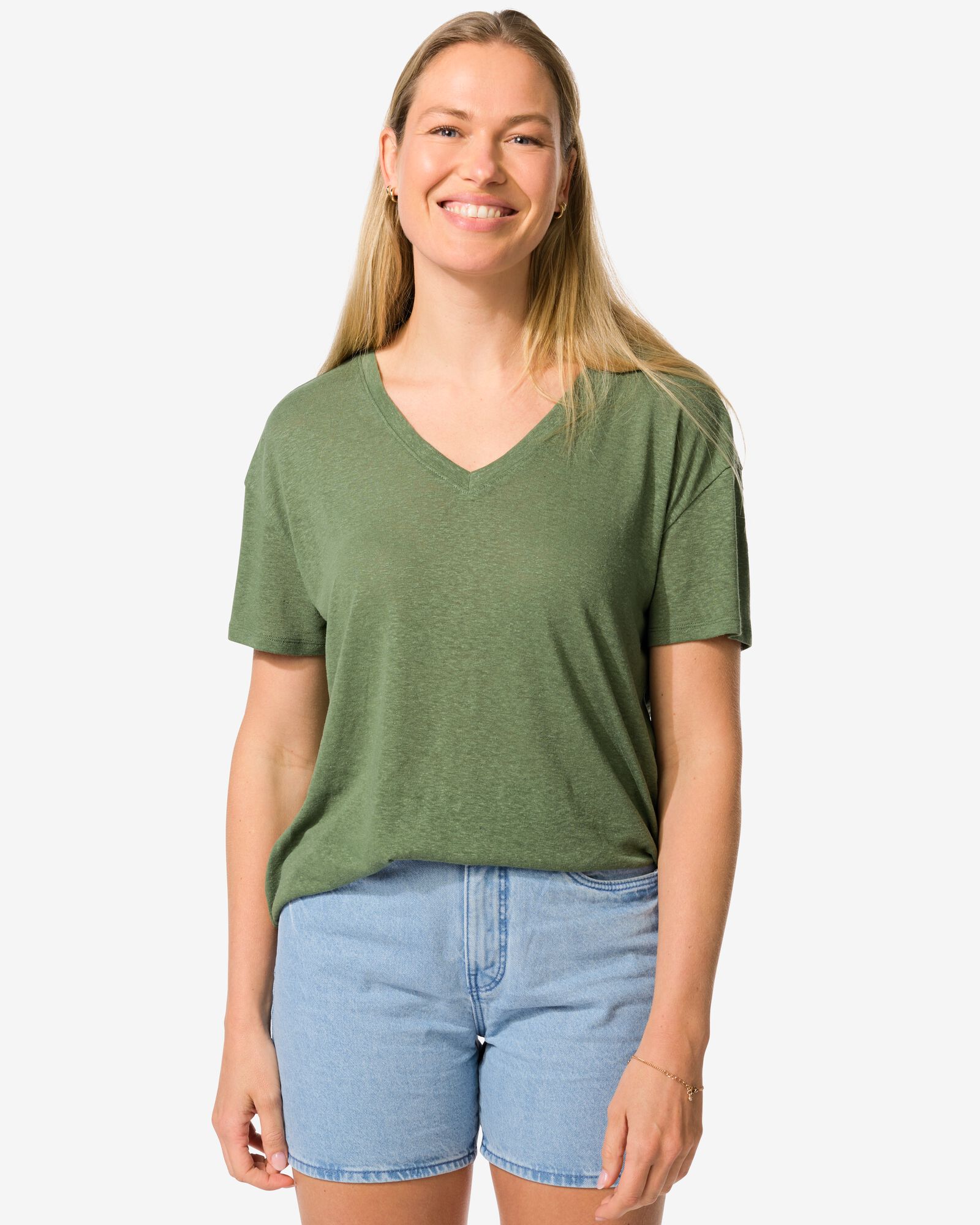 dames t-shirt Evie met linnen groen - 36259460GREEN - HEMA