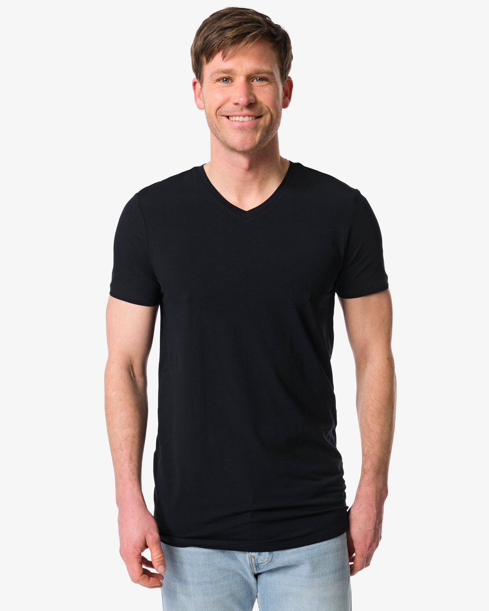 t-shirt homme slimfit col V extra long - lot de 2 noir noir - 34290650BLACK - HEMA