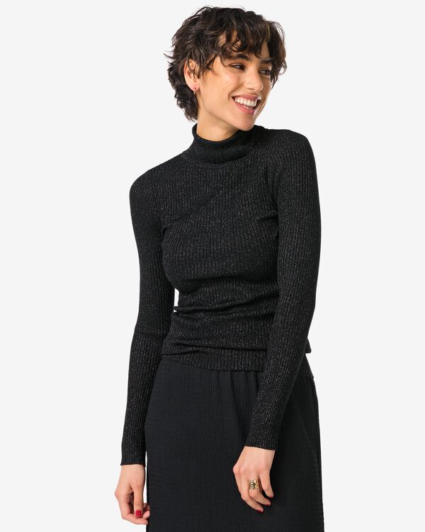 pull &agrave; col roul&eacute; femme Nova avec c&ocirc;tes et paillettes noir noir - 1000029471 - HEMA