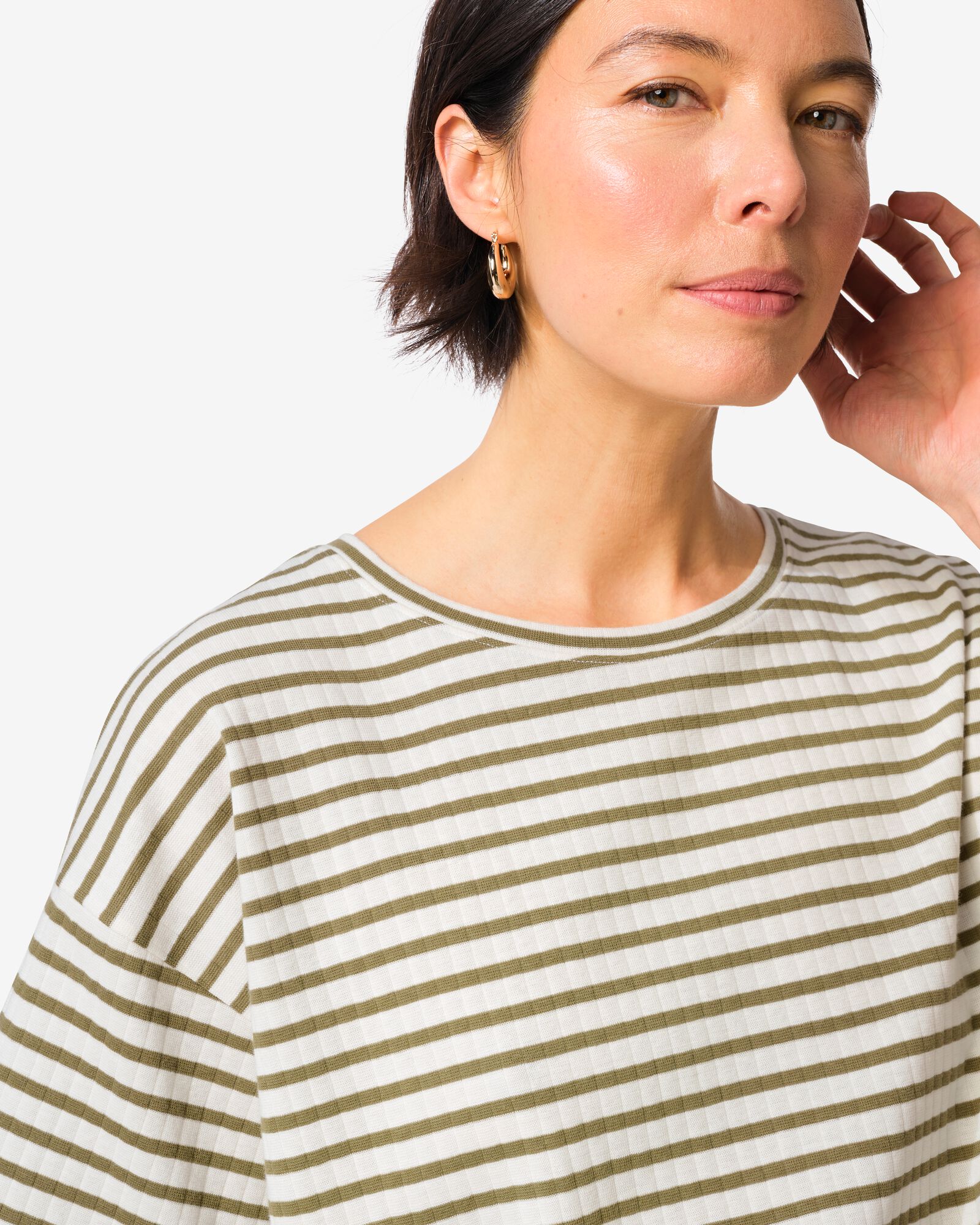Damen Jersey-T-Shirt Noel aus Baumwolle gestreift olivgr&uuml;n olivgr&uuml;n - 36209250OLIVE - HEMA