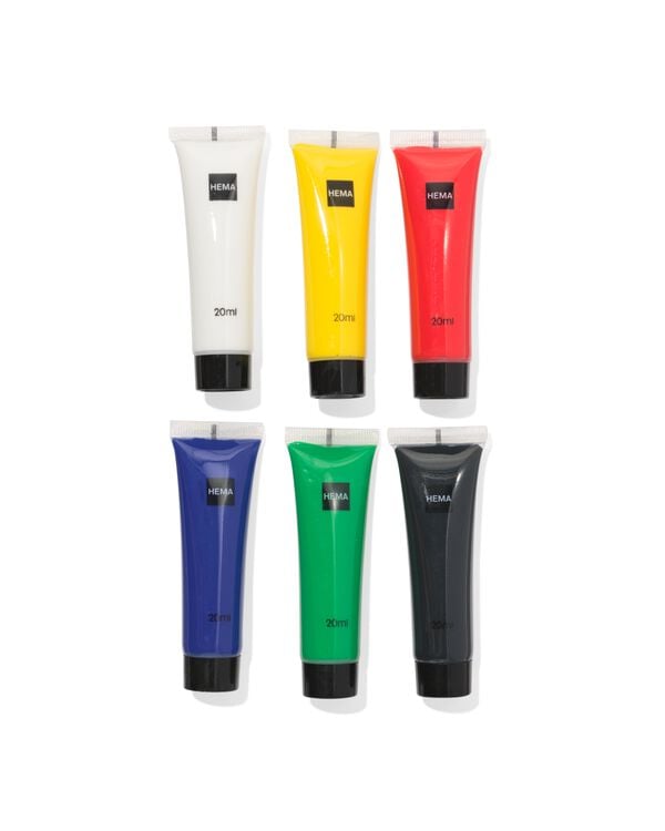 basiskleuren acrylverf 20ml - 6 stuks - 60702807 - HEMA