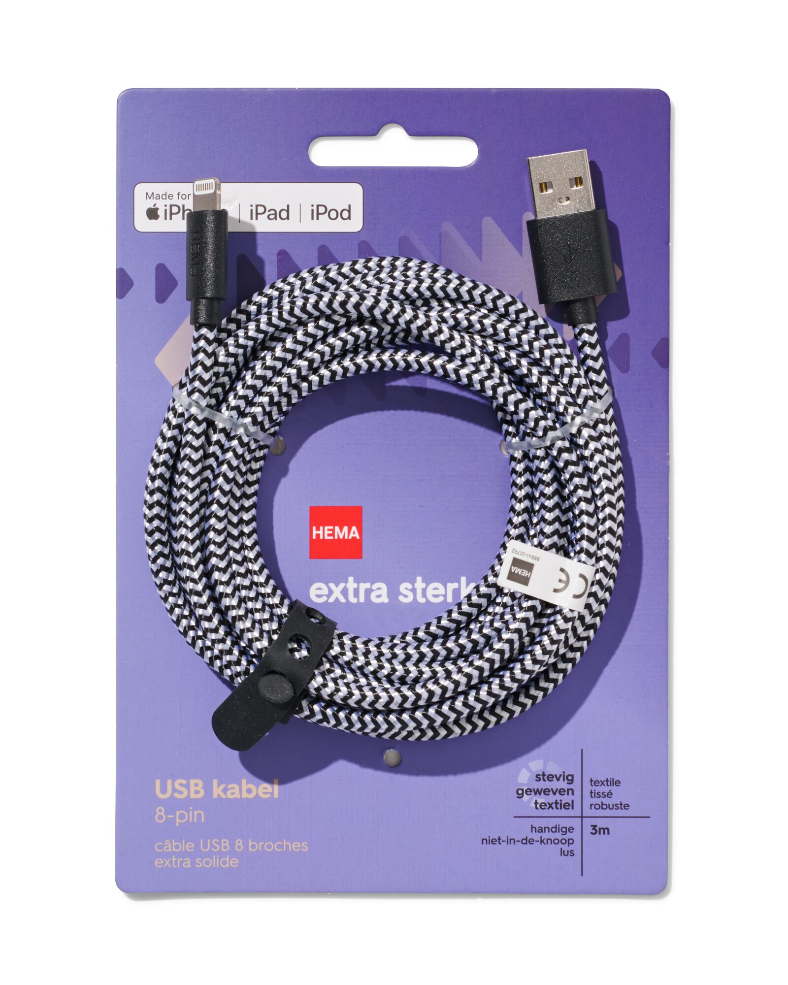 USB laadkabel 8-pin 3m - 39630049 - HEMA