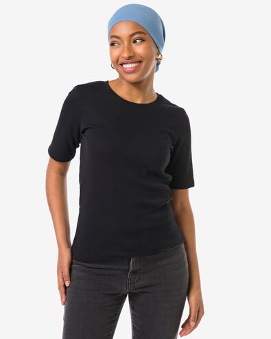 dames T-shirt Clara rib zwart zwart - 36259050BLACK - HEMA