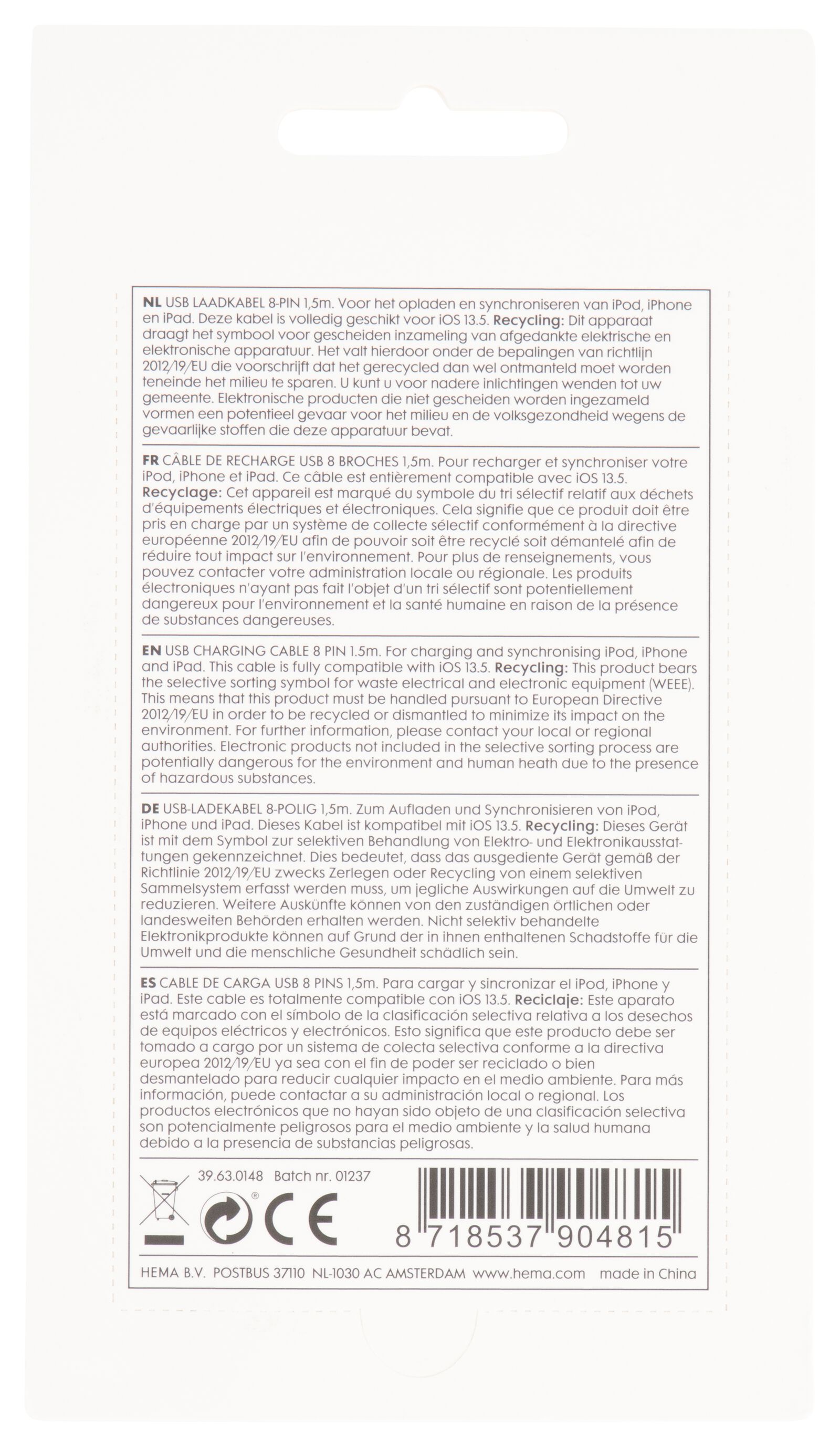 c&acirc;ble chargeur USB 8 broches - 39630148 - HEMA