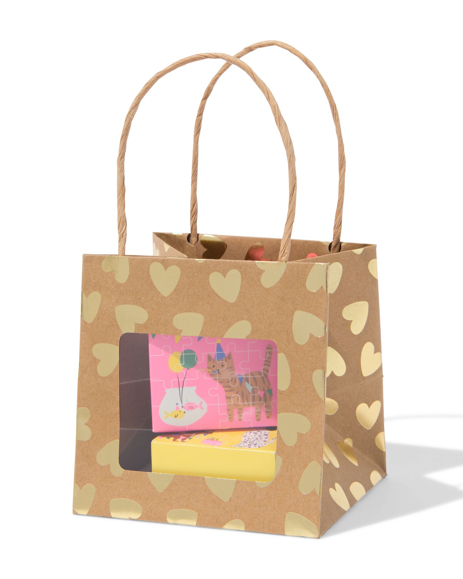 cadeautasje met venster 10x11x11cm kraft hartjes goud - 61100428 - HEMA