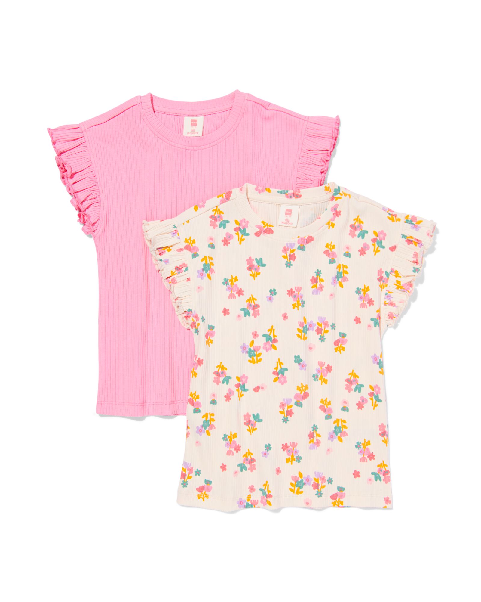 Kinder-T-Shirts gerippt mit Blumen &ndash; 2 St&uuml;ck rosa rosa - 30842217PINK - HEMA
