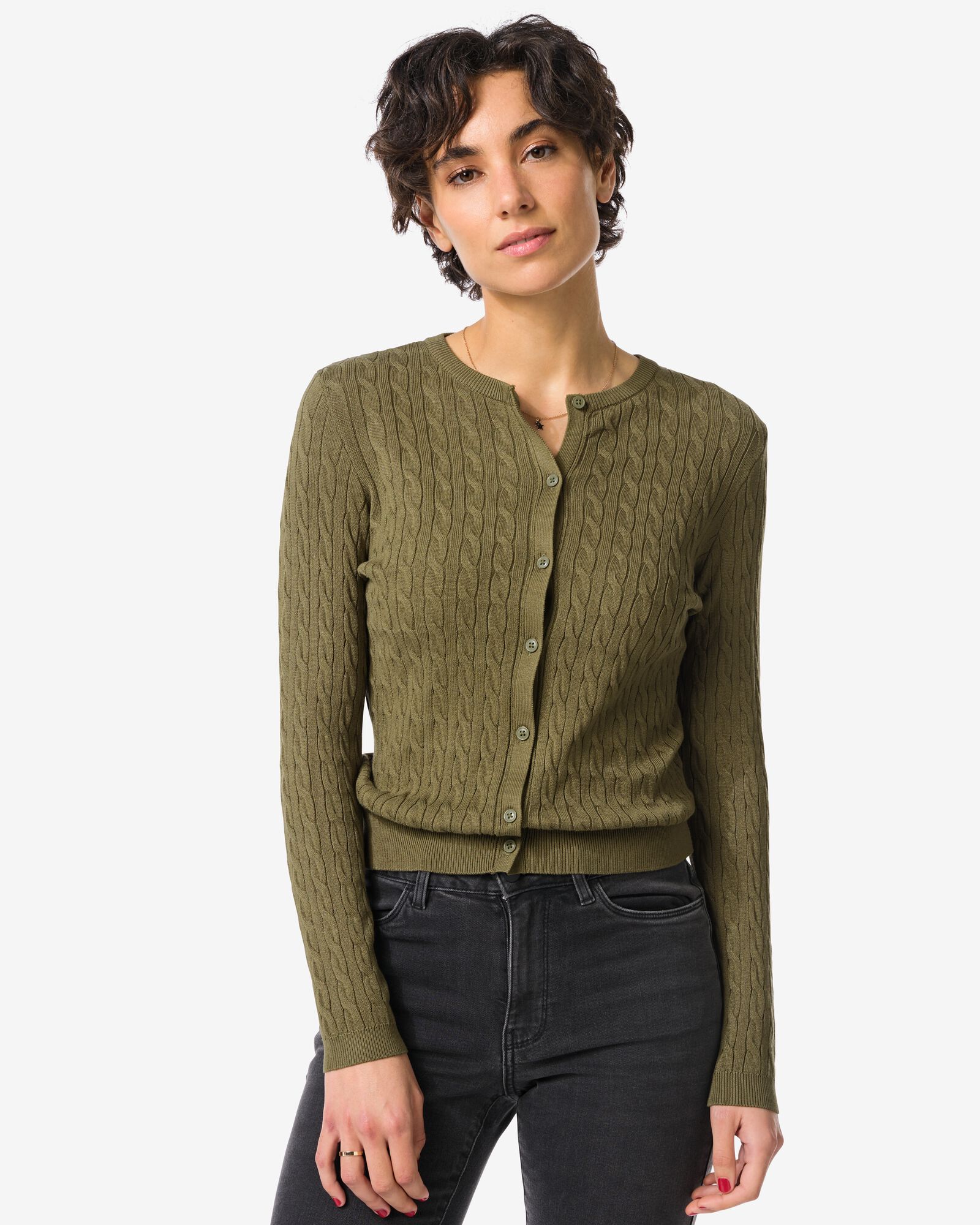 damesvest Louisa kabel olijf olijf - 36206440OLIVE - HEMA