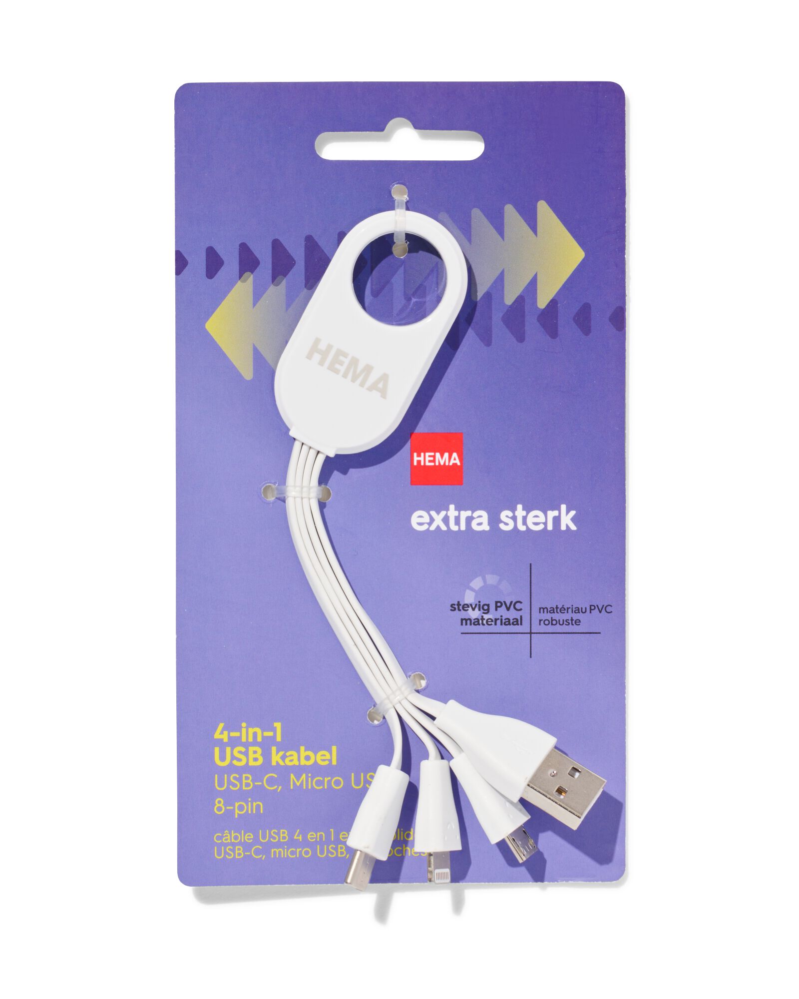 C&acirc;ble de charge USB 4-en-1, USB-C, micro USB et 8 broches - 39630063 - HEMA