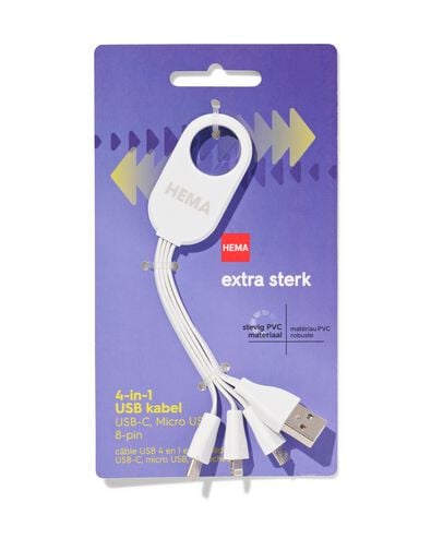 C&acirc;ble de charge USB 4-en-1, USB-C, micro USB et 8 broches - 39630063 - HEMA