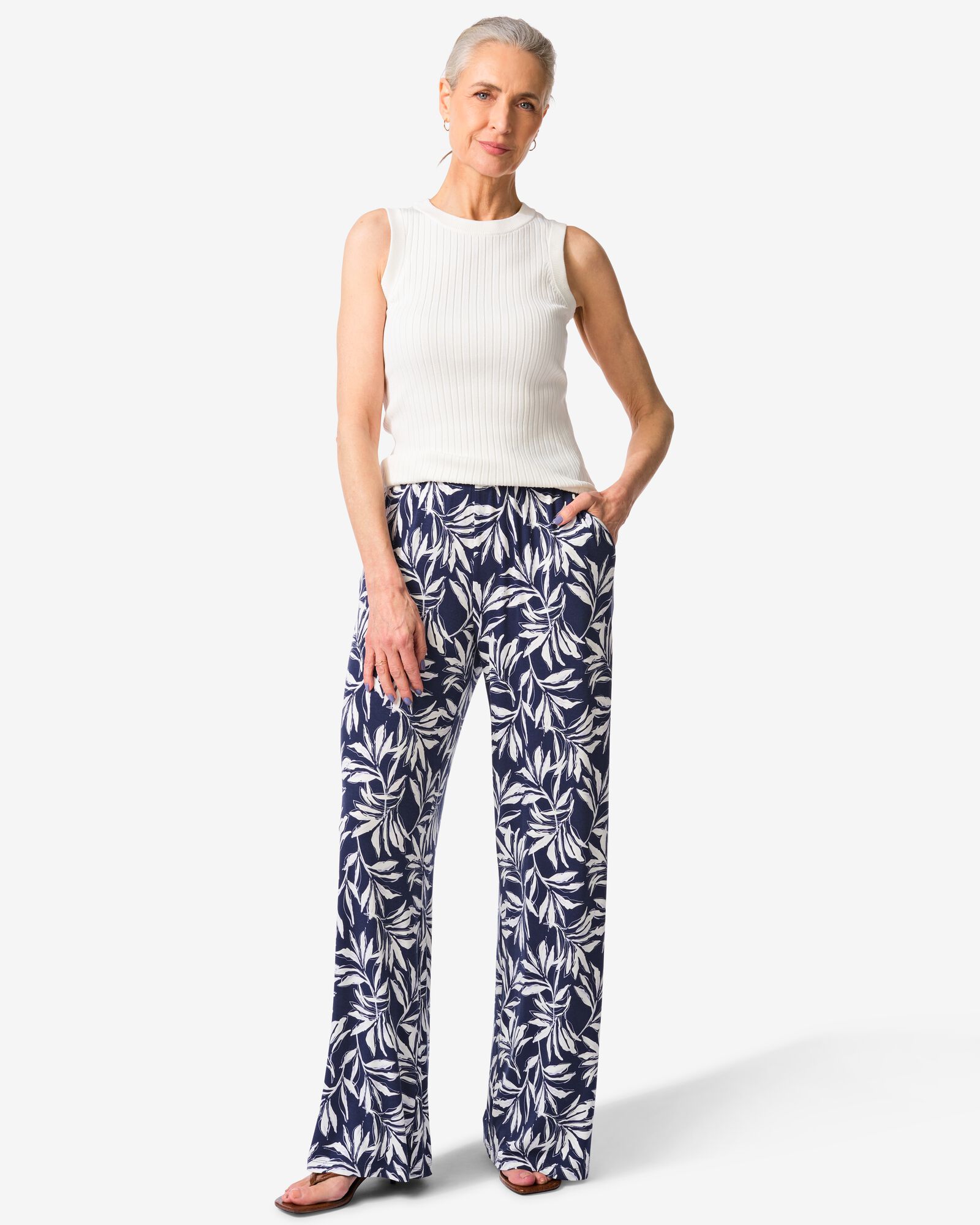 Damenhose Mila, Wide Fit, Jersey, Bl&auml;tter dunkelblau dunkelblau - 36203530DARKBLUE - HEMA