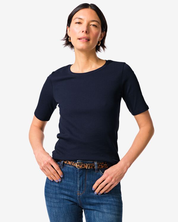 dames T-shirt Clara regular fit rib donkerblauw donkerblauw - 36310720DARKBLUE - HEMA