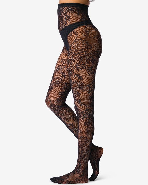 dames fashion netpanty 15denier   bloemen zwart zwart - 4042500BLACK - HEMA