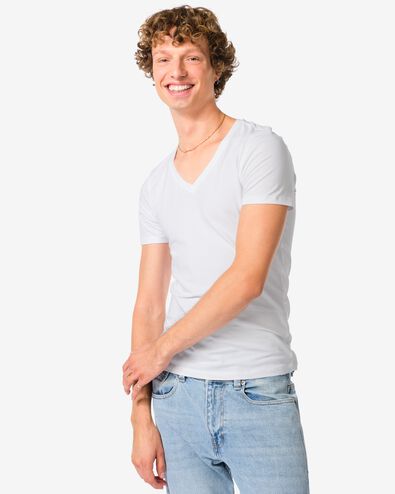 heren T-shirts slim fit diepe v-hals - 2 stuks wit wit - 34290660WHITE - HEMA