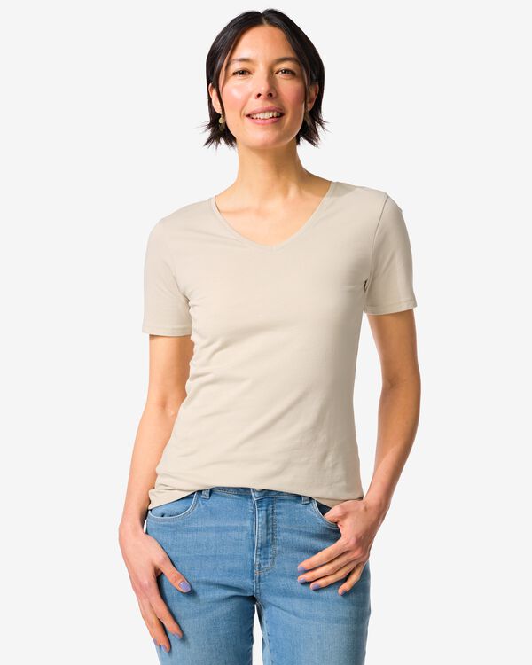 Damen-T-Shirt, enge Passform, V-Ausschnitt sandfarben sandfarben - 36310960SAND - HEMA