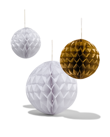 3 décorations en papier alvéolé ballon blanc doré - 14230204 - HEMA