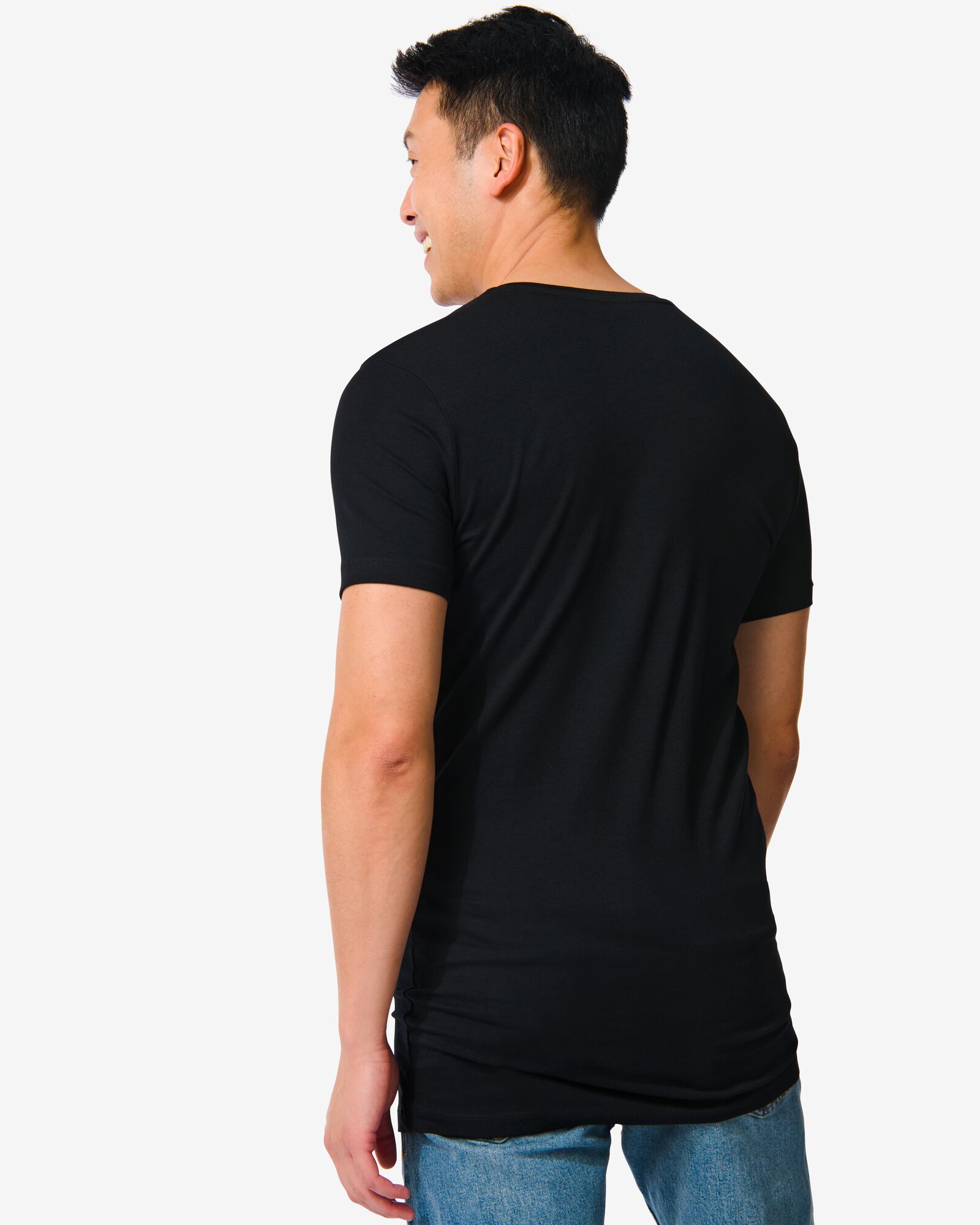 heren t-shirt slim fit v-hals extra lang zwart S - 34276873 - HEMA
