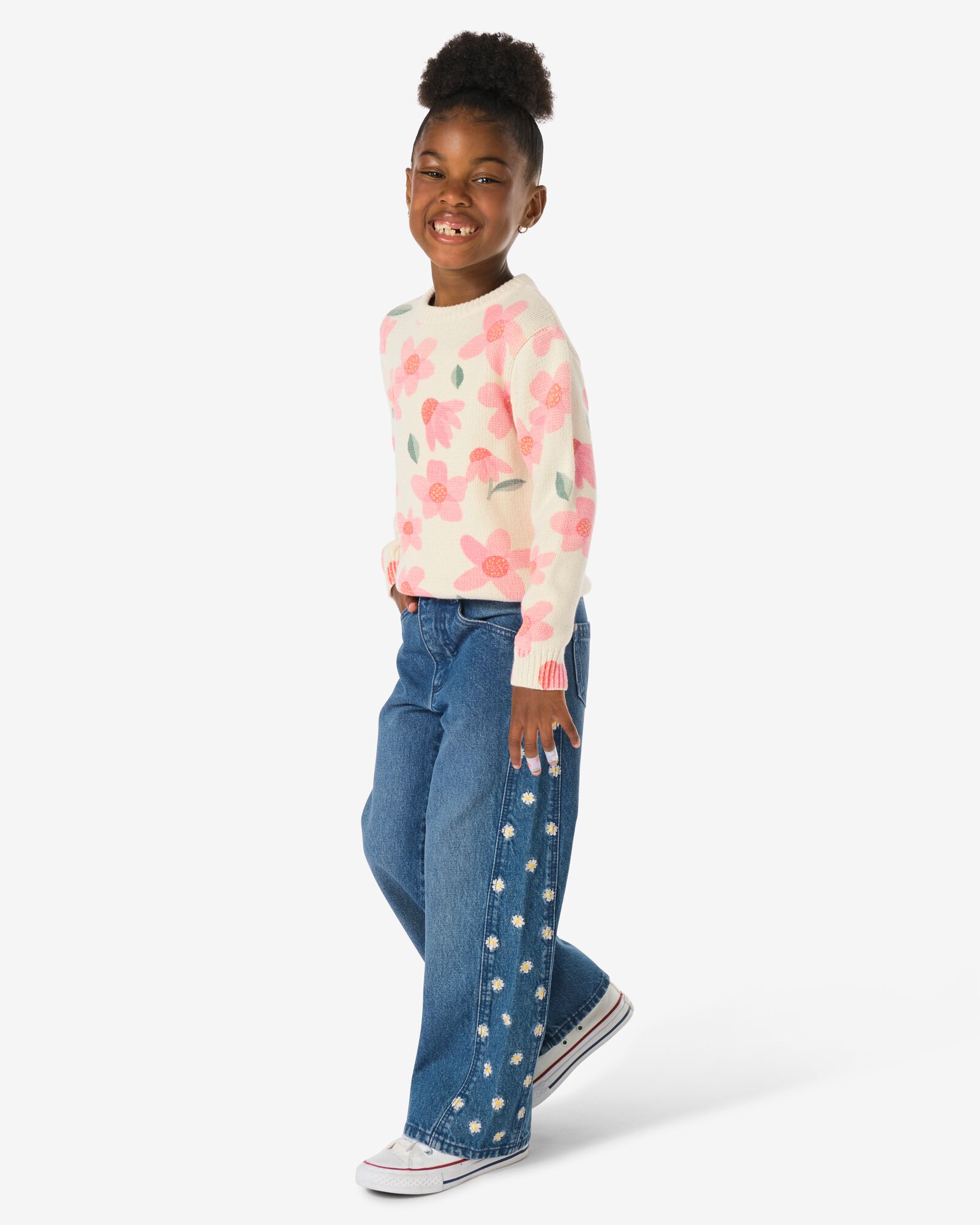 kinderjeans wide fit bloemen donkerblauw donkerblauw - 30851705DARKBLUE - HEMA