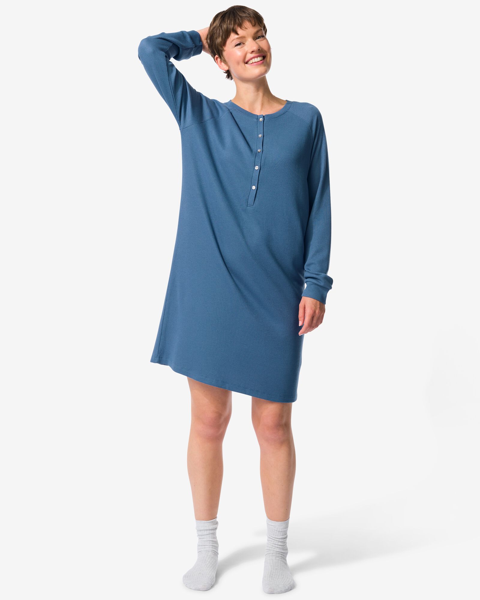 Damennachthemd, Waffelstruktur mittelblau mittelblau - 23400530MIDBLUE - HEMA