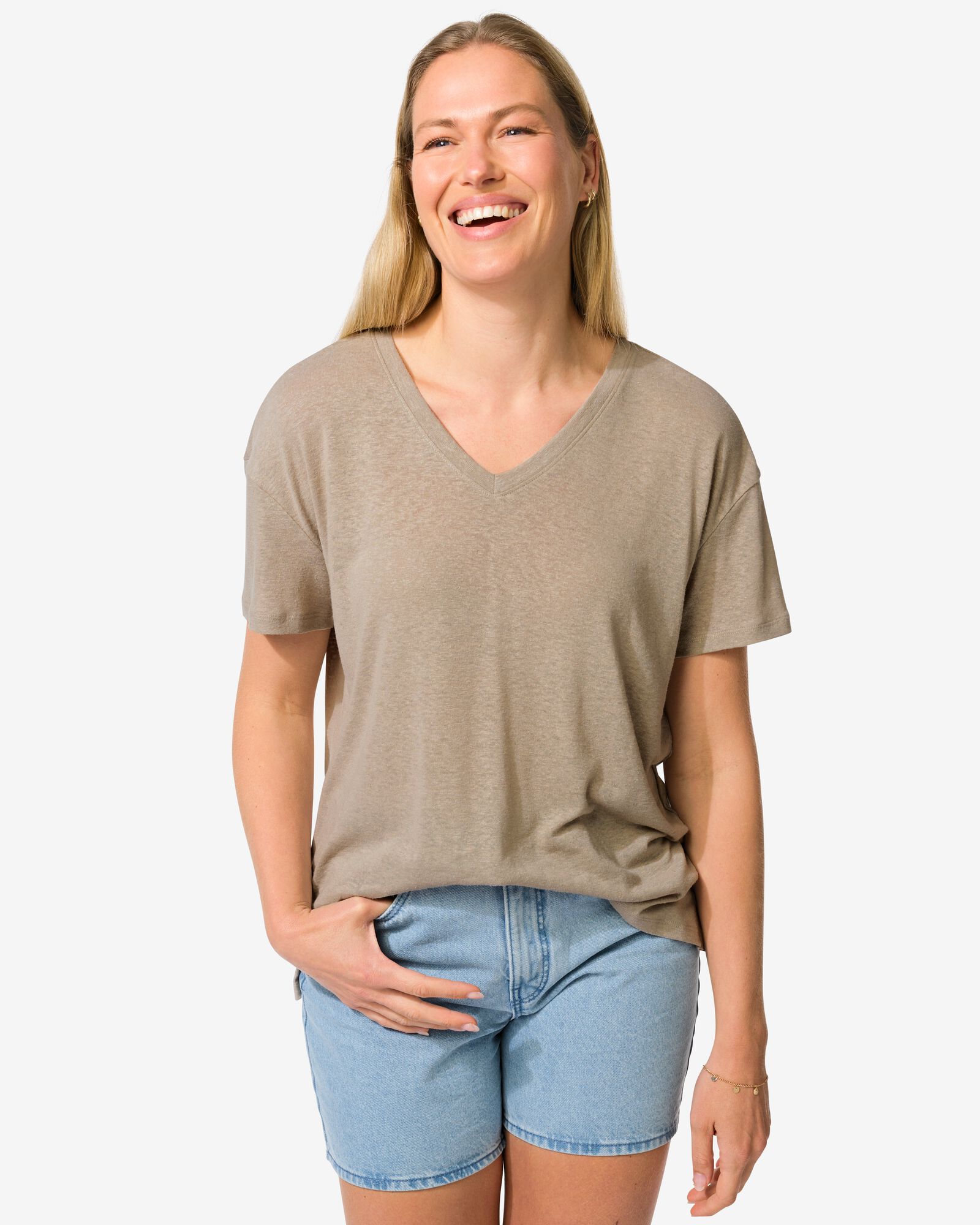 dames t-shirt Evie met linnen zand - 36269460SAND - HEMA
