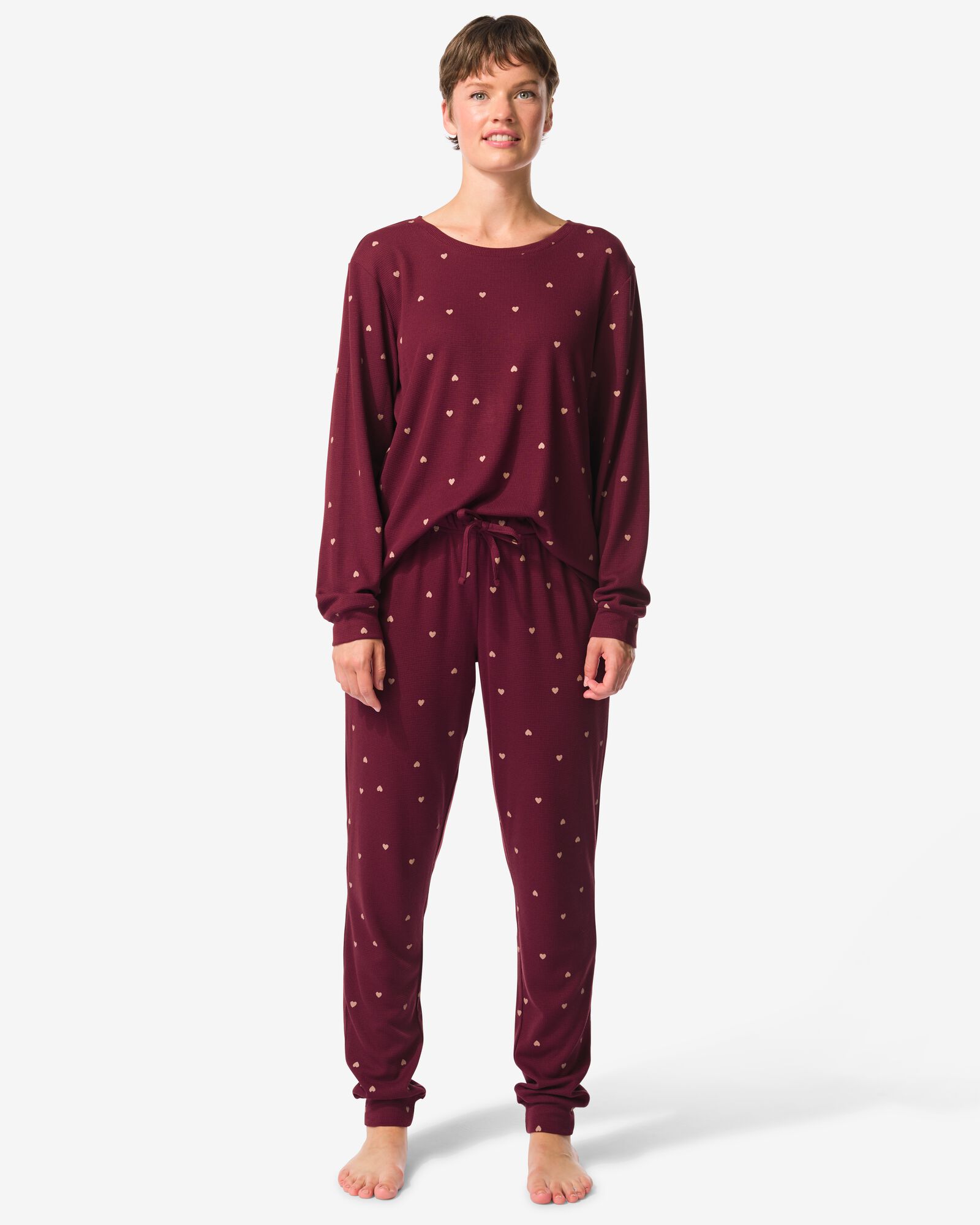 damespyjama viscose wafel hartjes bordeauxrood - 23407980BURGUNDYRED - HEMA