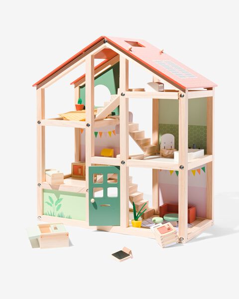 Riskant leiderschap verdwijnen houten poppenhuis met meubels 52x24x61.5 - HEMA
