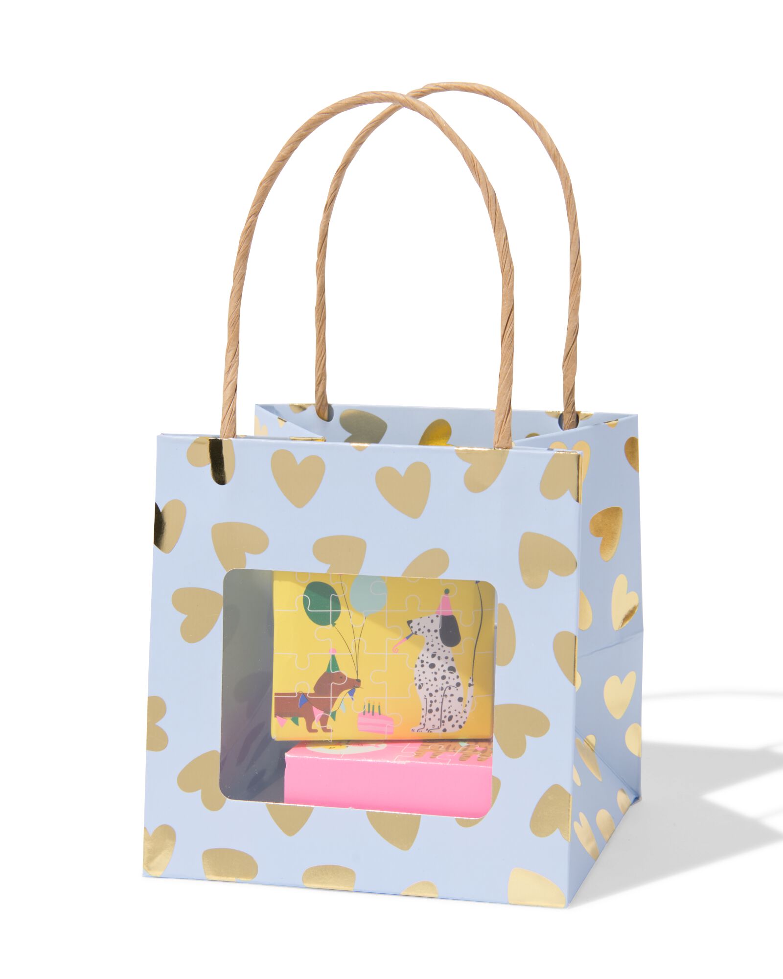 sac cadeau avec fen&ecirc;tre 10x11x11cm bleu c&oelig;urs dor&eacute; - 61100430 - HEMA