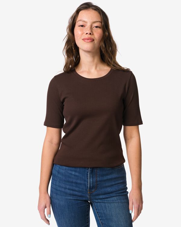 Damen-T-Shirt Clara, normale Passform, gerippt dunkelbraun dunkelbraun - 36304290DARKBROWN - HEMA