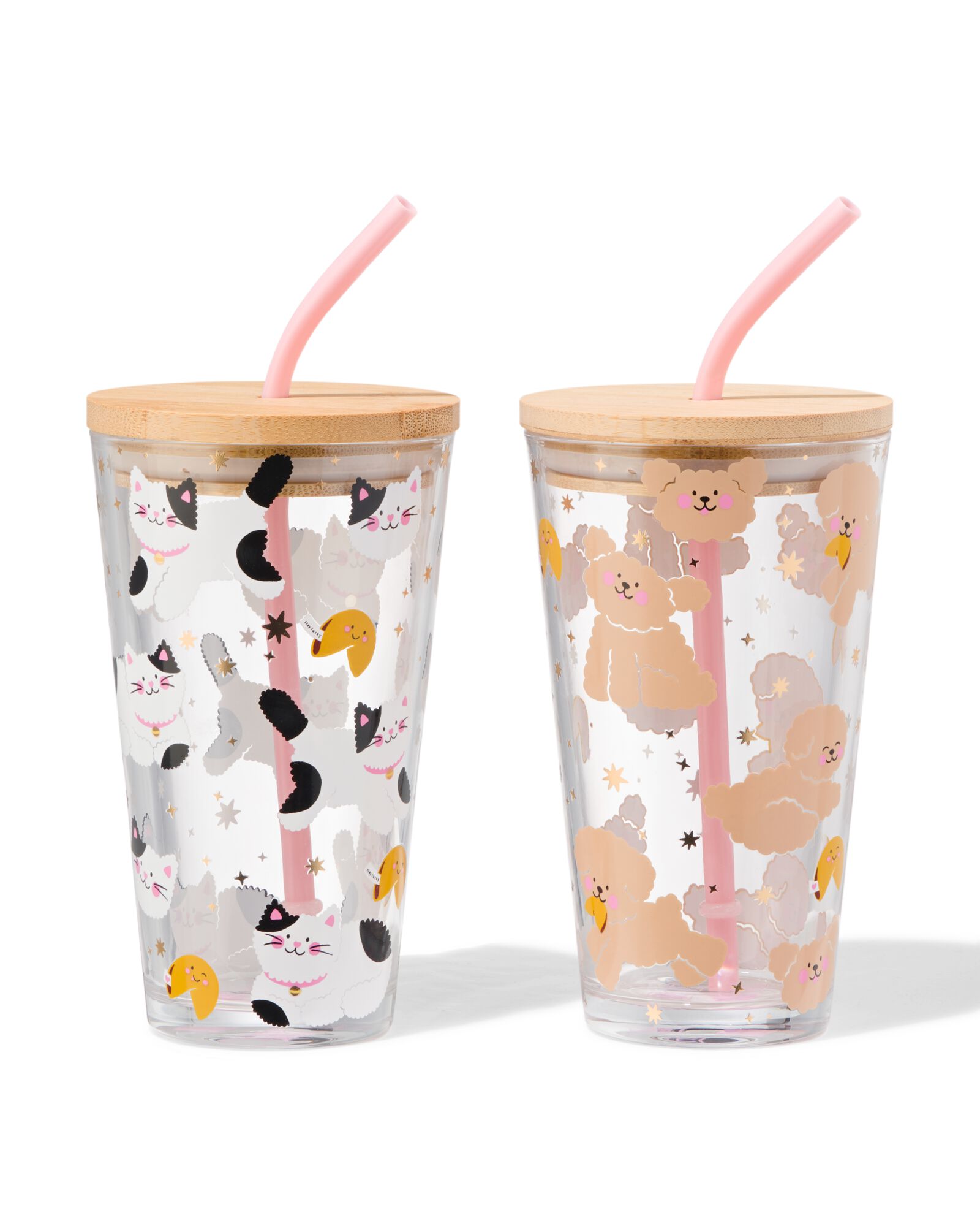 drinkbeker met rietje 410ml glas katten - 61100070 - HEMA