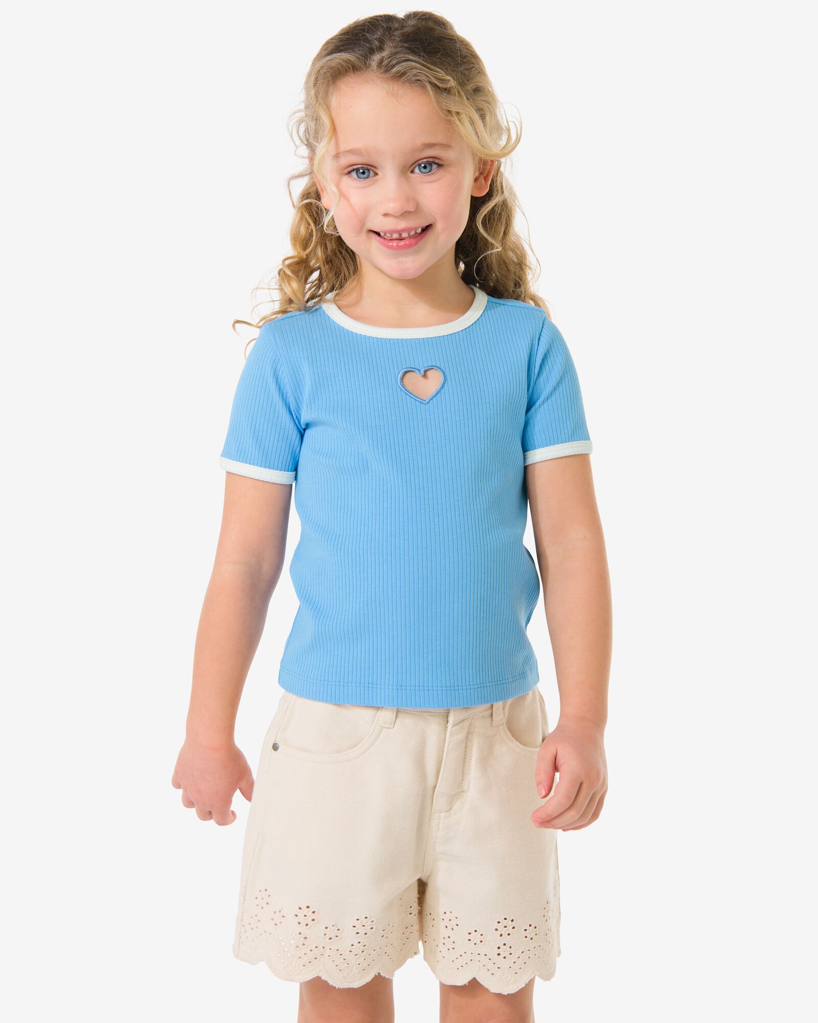 Kinder-T-Shirt, gerippt, Herzen hellblau hellblau - 30827338LIGHTBLUE - HEMA