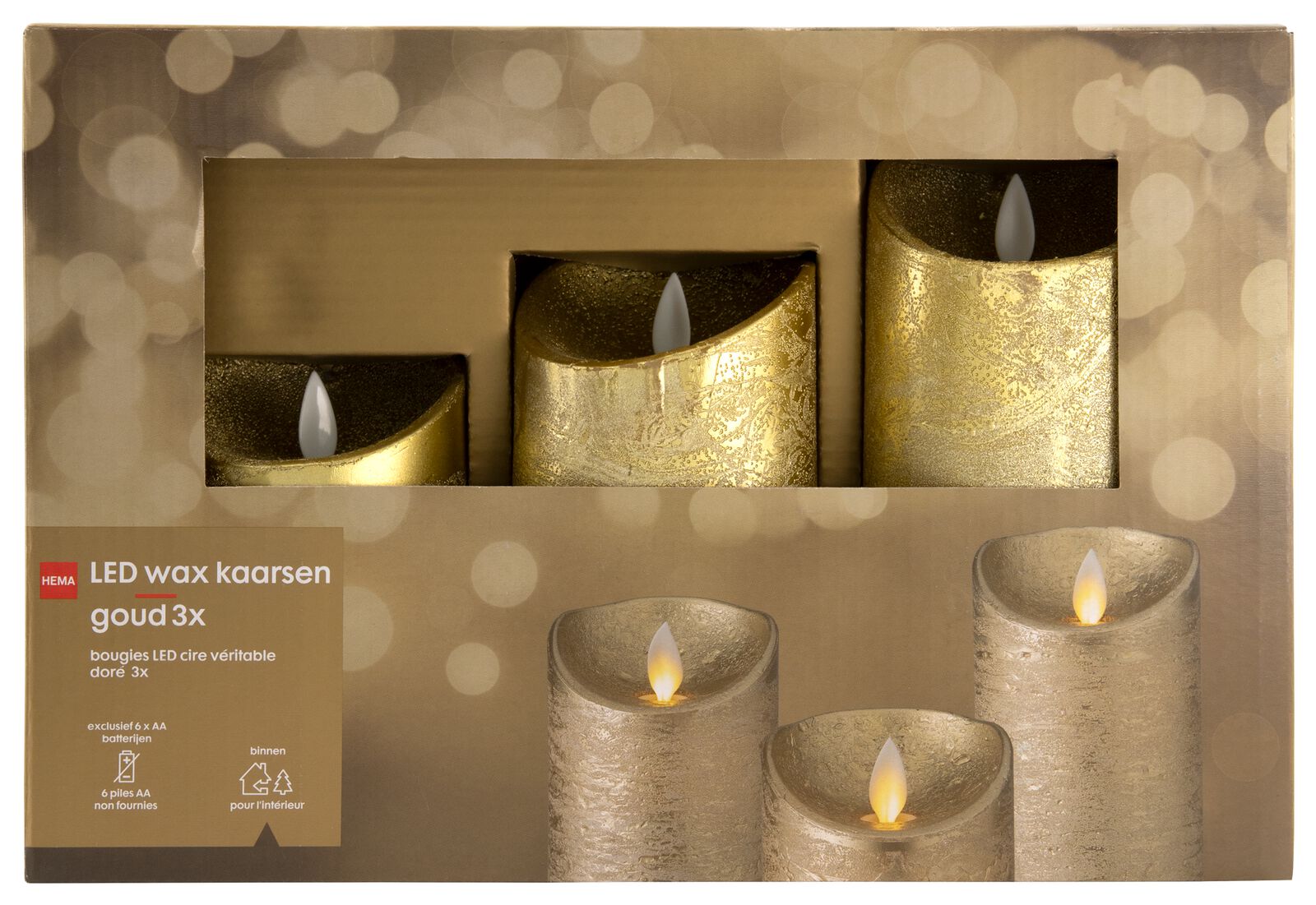 3er-Pack Wachs-LED-Kerzen, &Oslash; 7.5 cm, golden - 25590085 - HEMA