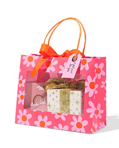 sac cadeau 24x20x11 cm imprim&eacute; fleurs avec fen&ecirc;tre rose/orange   - 61100300 - HEMA