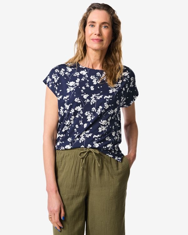 Damen-T-Shirt Amelie, Jersey, gebl&uuml;mt dunkelblau dunkelblau - 36304160DARKBLUE - HEMA