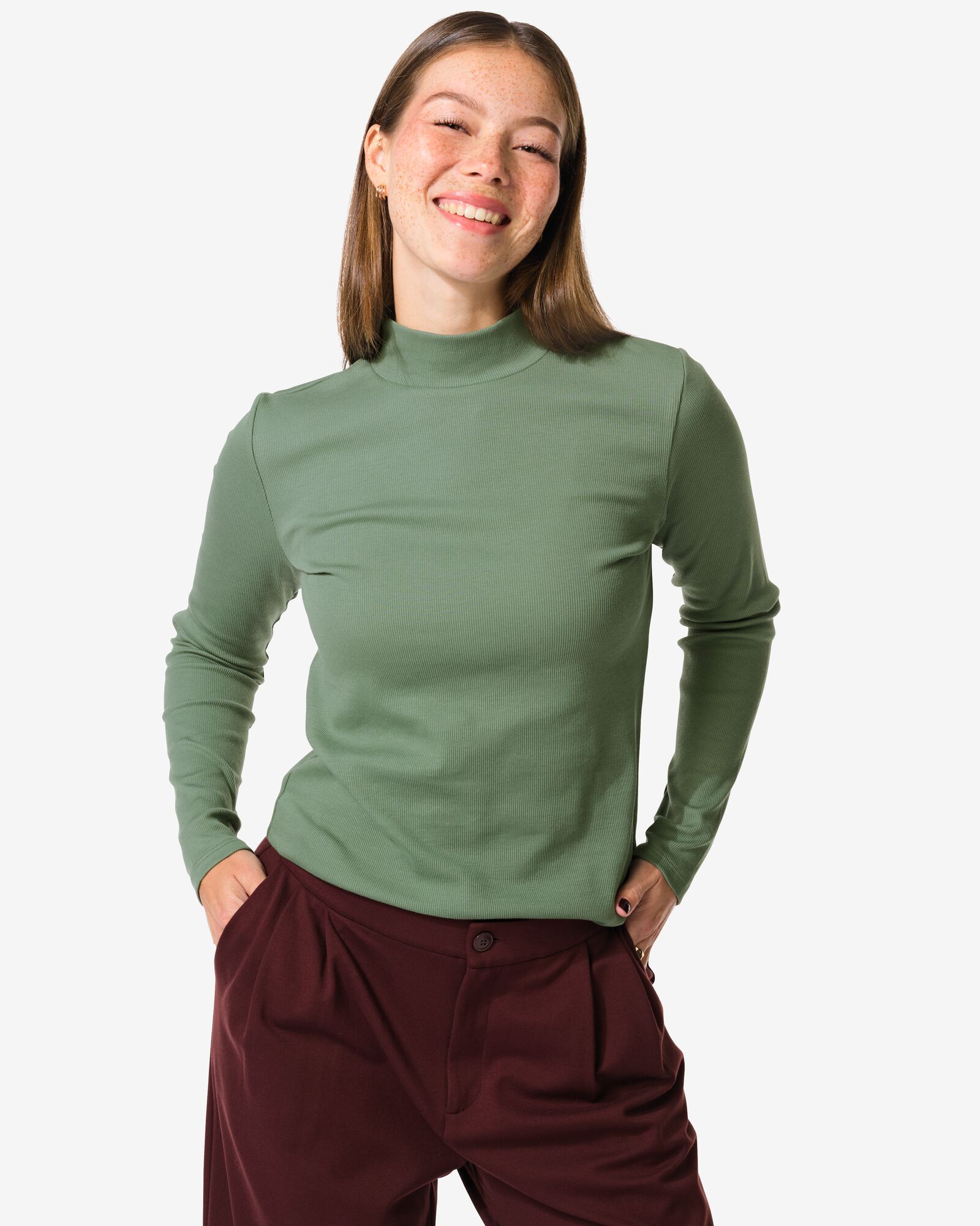 dames T-shirt Clara rib groen - 36302440GREEN - HEMA