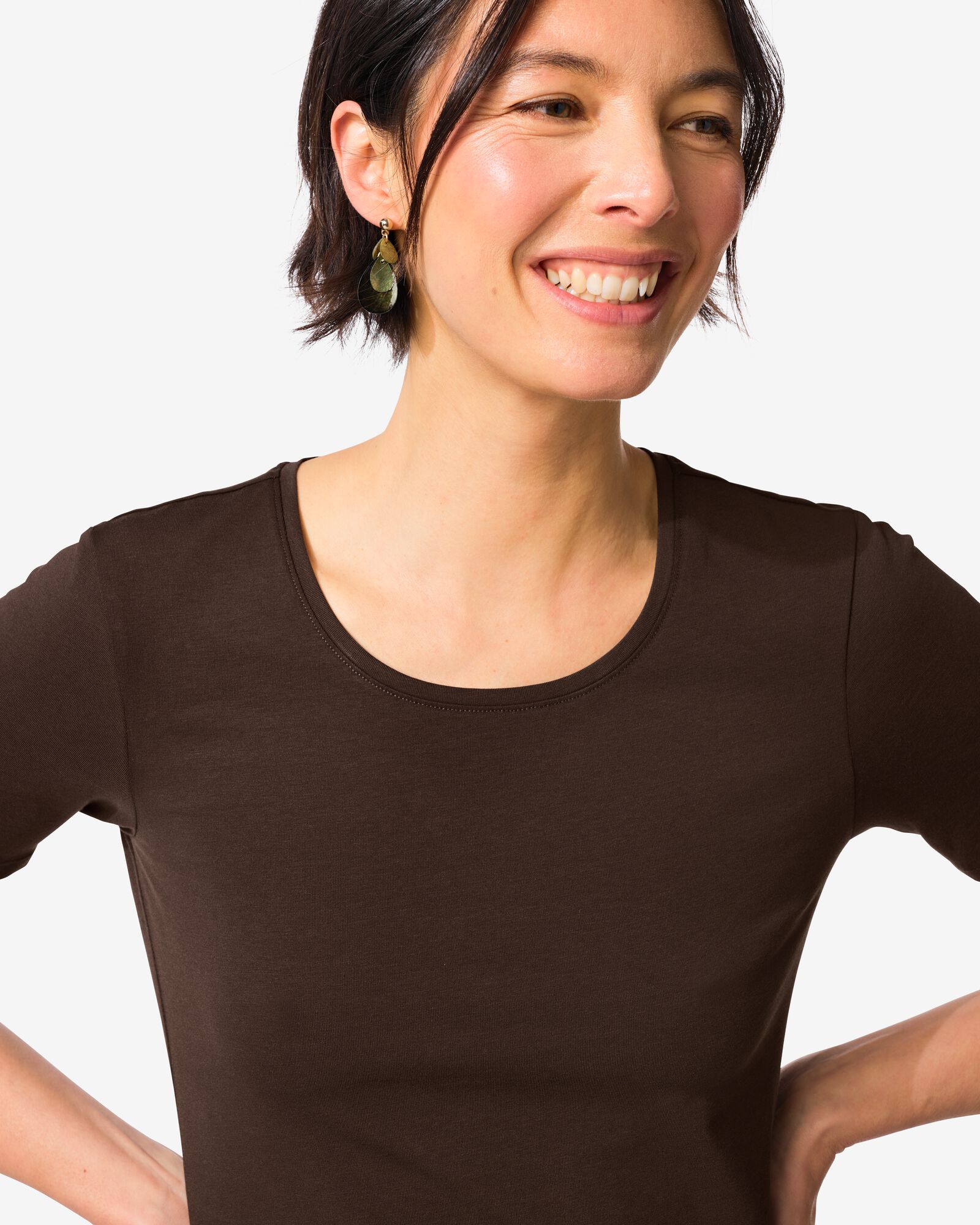 Damen-T-Shirt, enge Passform, Rundhals  braun braun - 36310320BROWN - HEMA